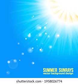Sun with sun rays and bokeh blurs on blue background. Beautiful sunny banner with sunburst sunbeams. Vector dazzling sunshine sky illustration