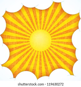 Sun with rays in clouds illustration, old paper with stains