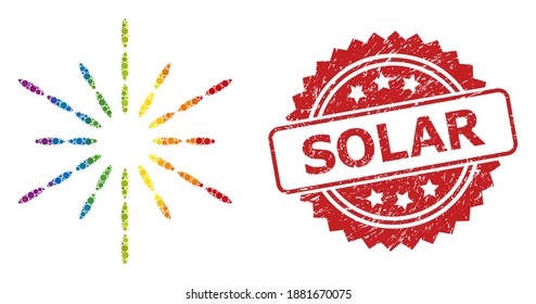 Sun rays collage icon of circle elements in different sizes and rainbow colored shades, and Solar corroded rosette stamp seal. A dotted LGBT-colored Sun rays for lesbians, gays, transgenders,