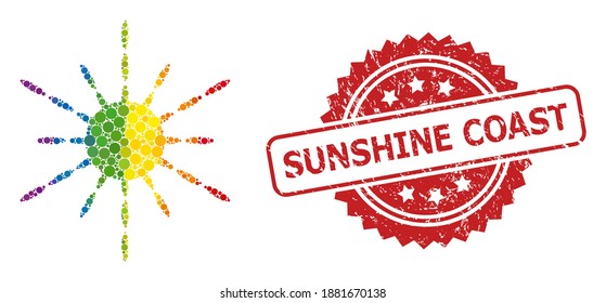 Sun rays collage icon of circle dots in variable sizes and LGBT colored shades, and Sunshine Coast unclean rosette stamp seal. A dotted LGBT-colored Sun rays for lesbians, gays, transgenders,