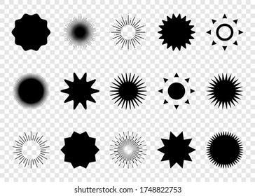 Sun. Sun rays collection vector icons. Sun icons collection, isolated. Rays in flat design. Vector illustration