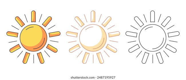 Sun with rays, colorful and line icons set. Summertime, seasonal holiday and vacation concept. Vector outline icon, monochrome and color illustration. For logo, sticker, coloring book, label