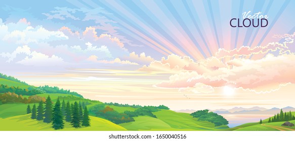 Sun rays cutting across the skies with green meadows and distant lakes