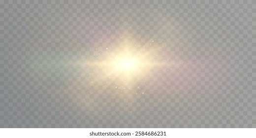 Sun, sun rays, dawn, sun glare. Golden glare on transparent background, vector