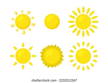 Sun with rays of different shapes vector illustrations set. Collection of cartoon drawings of yellow star with beams isolated on white background. Weather, climate, decoration, summer concept