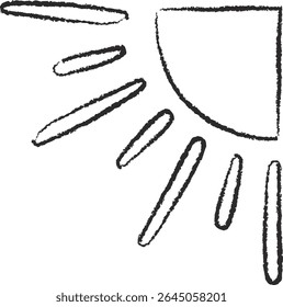 A sun with rays drawn in a rough sketch style. The illustration depicts a radiant sun with elongated beams. Cartoon vector illustration.