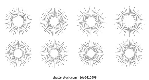 Sun rays drawn symbol. Sunbursts black color, collection Sunlight linear icon  isolated on white background. Vector illustration