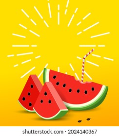 Sun rays drawn white pencil.  Concept Summer banner with Watermelon. 3D slice Watermelon with drinking straw. copy space for text. Vector illustration on yellow background.