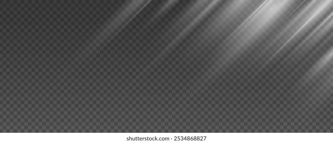 Sun rays effect isolated on a dark transparent background. Shimmering white light. Soft sunbeams. Vector illustration. EPS 10.