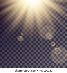 Sun rays effect with lens flares. Simple golden beams blurred on transparent like background.