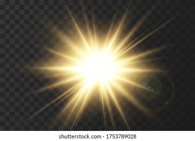 Sonnenstrahlen-Effekt, sehr realistisches Sonnenlicht mit Licht und Sonnenstrahlen. Gelbes abstraktes Glitterlicht. Der Effekt eines Blitzes oder eines hellen Glühens der goldenen Farbe. Vektorgrafik