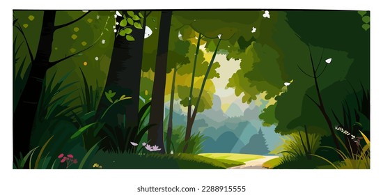 Sun rays falling deep into a thick jungle or forest. large tree trunk in the foreground