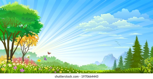 Sun rays falling over the spring fields with green lawn, flowers and butterflies.