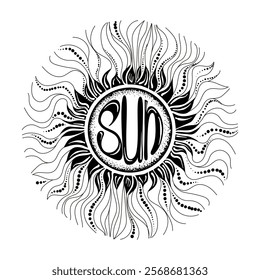 Sun with rays in the form of a flower with petals, a lettering sun is painted inside it. Black vector illustration isolated on a white background