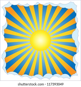 Sun with rays in frame of clouds