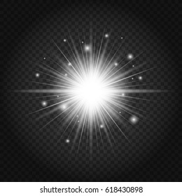 Sun with rays and glow on transparent black background. Starburst with magic sparkles on dark backdrop. Glow light effect. Vector illustration of abstract white flare ray light. 