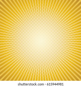 Sun rays golden background with halftone. Vector illustration