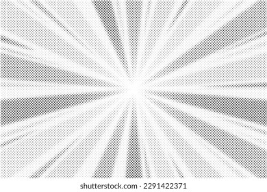 Sun rays halftone background. White and grey radial abstract comic pattern. Vector explosion abstract lines backdrop.