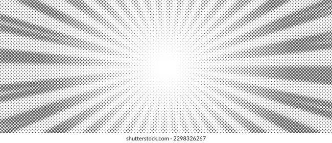 Sun rays halftone background. White and grey radial abstract comic pattern. Vector explosion abstract lines backdrop.