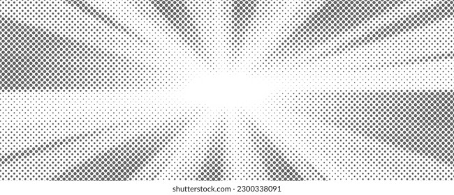 Sun rays halftone background. White and grey radial abstract comic pattern. Vector explosion abstract lines backdrop.