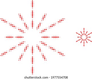 Sun rays halftone dot icon illustration. Halftone pattern contains round elements. Vector illustration of sun rays icon on a white background. Flat abstraction for sun rays pictogram.