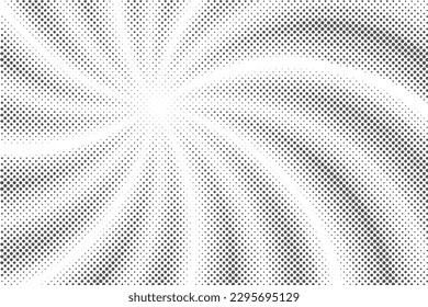 Sun rays halftone swirl background. White and grey radial abstract comic pattern. Vector explosion abstract lines backdrop.