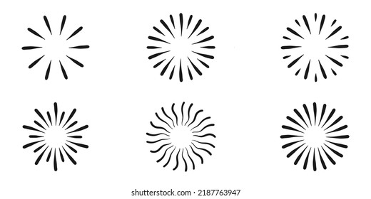 Sun rays icon in black lines. Vector illustration of hand drawn sketch of glowing circle. Firework glitter element in doodle style. Circle of sunbeams on white background.
