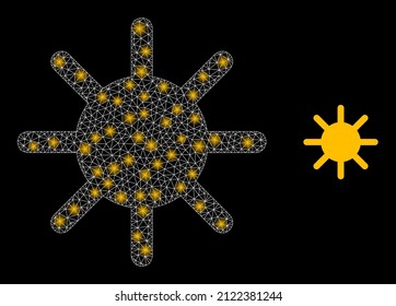 Sun rays icon and glowing mesh net sun rays model with sparkle light spots. Illuminated model created using sun rays vector icon and triangle mesh. Glowing frame sun rays, on a black background.