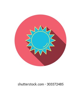 Sun rays icon. Summer sign. Hot weather symbol. Red flat circle button. Linear icon with shadow. Vector