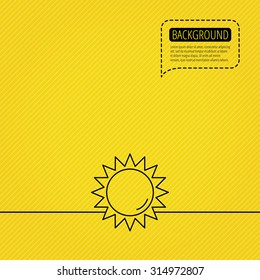 Sun rays icon. Summer sign. Hot weather symbol. Speech bubble of dotted line. Orange background. Vector