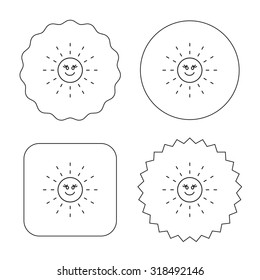 Sun rays icon. Summer sign. Hot weather symbol. Flat circle, star and emblem buttons. Labels design. Vector