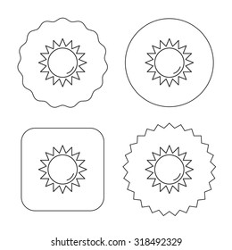 Sun rays icon. Summer sign. Hot weather symbol. Flat circle, star and emblem buttons. Labels design. Vector