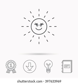 Sun rays icon. Summer sign. Hot weather symbol. Download arrow, lamp, learn book and award medal icons.