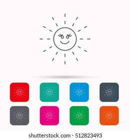 Sun rays icon. Summer sign. Hot weather symbol. Linear icons in squares on white background. Flat web symbols. Vector