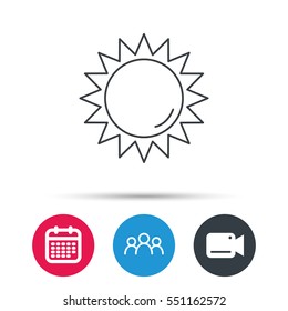 Sun rays icon. Summer sign. Hot weather symbol. Group of people, video cam and calendar icons. Vector