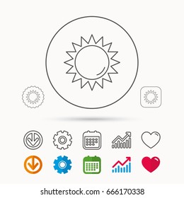 Sun rays icon. Summer sign. Hot weather symbol. Calendar, Graph chart and Cogwheel signs. Download and Heart love linear web icons. Vector