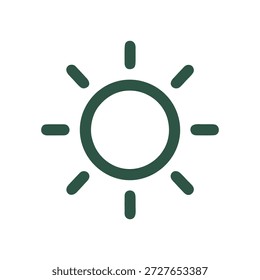 Sun with rays icon in thick green line art representing solar energy and weather.