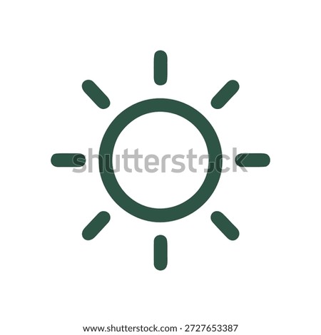 Sun with rays icon in thick green line art representing solar energy and weather.