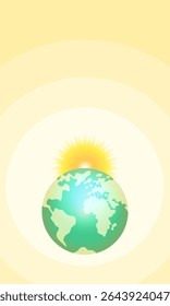Sun rays illuminate planet Earth. June 21st. Vertical banner for text placement, promotion in social networks, advertising, etc.