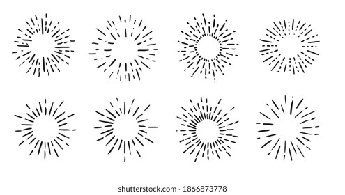 Sun rays images. Firework hand drawn icons set. Vector.