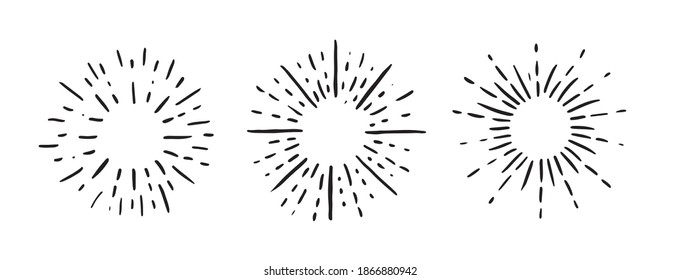 Sun rays images. Firework hand drawn icons set. 