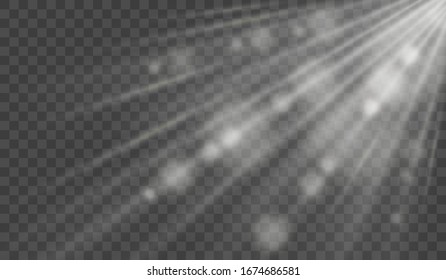 Sun rays. Isolated sunbeams and lens flare. Vector white light effect on transparent background