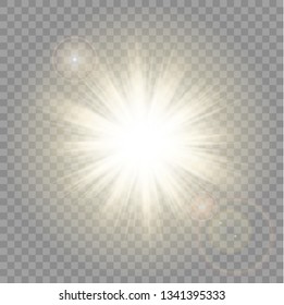 Sun Rays With Lens Flare On Transparent Vector Background.