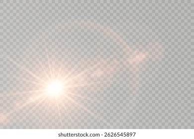 Sun rays with lens glow flicker on soft gradient. Transparent light beams enhance realistic sunlight scenes. Vector flare radiates golden warmth in natural style. Subtle glare blends into photo