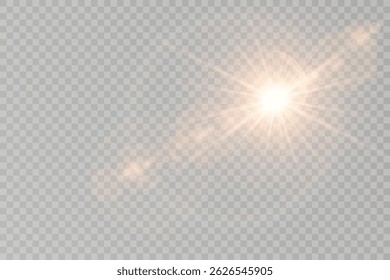 Sun rays with lens glow flicker on soft gradient. Transparent light beams enhance realistic sunlight scenes. Vector flare radiates golden warmth in natural style. Subtle glare blends into photo
