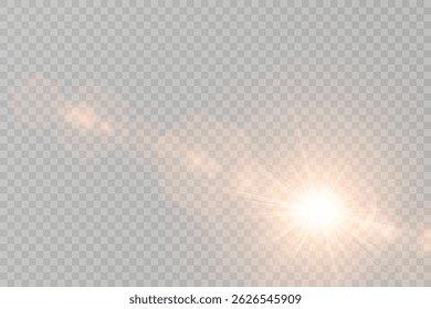 Sun rays with lens glow flicker on soft gradient. Transparent light beams enhance realistic sunlight scenes. Vector flare radiates golden warmth in natural style. Subtle glare blends into photo