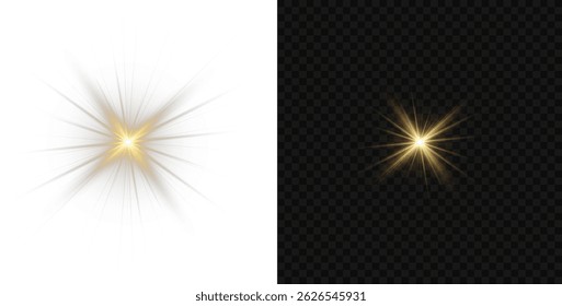 Sun rays with lens glow flicker on soft gradient. Transparent light beams enhance realistic sunlight scenes. Vector flare radiates golden warmth in natural style. Subtle glare blends into photo
