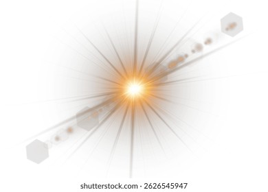 Sun rays with lens glow flicker on soft gradient. Transparent light beams enhance realistic sunlight scenes. Vector flare radiates golden warmth in natural style. Subtle glare blends into photo