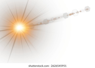 Sun rays with lens glow flicker on soft gradient. Transparent light beams enhance realistic sunlight scenes. Vector flare radiates golden warmth in natural style. Subtle glare blends into photo