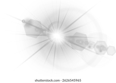 Raios solares com brilho de lente piscando em gradiente suave. Feixes de luz transparentes melhoram cenas realistas de luz solar. A erupção vetorial irradia calor dourado em estilo natural. Brilho sutil se mistura à foto